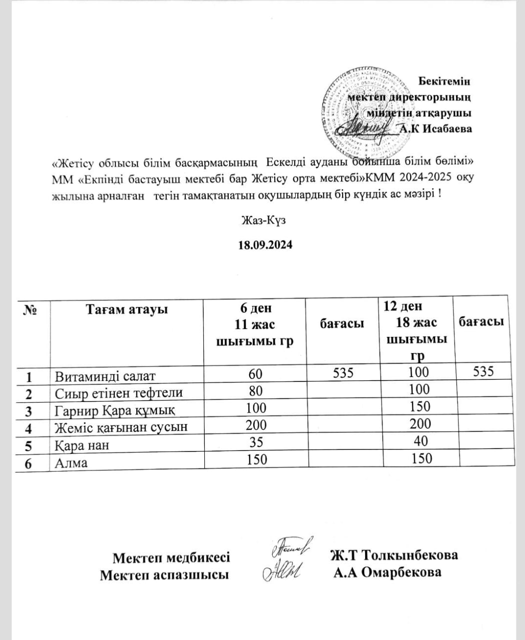 2024 жылдың 18 кыркүйегіне арналған ас мәзірі