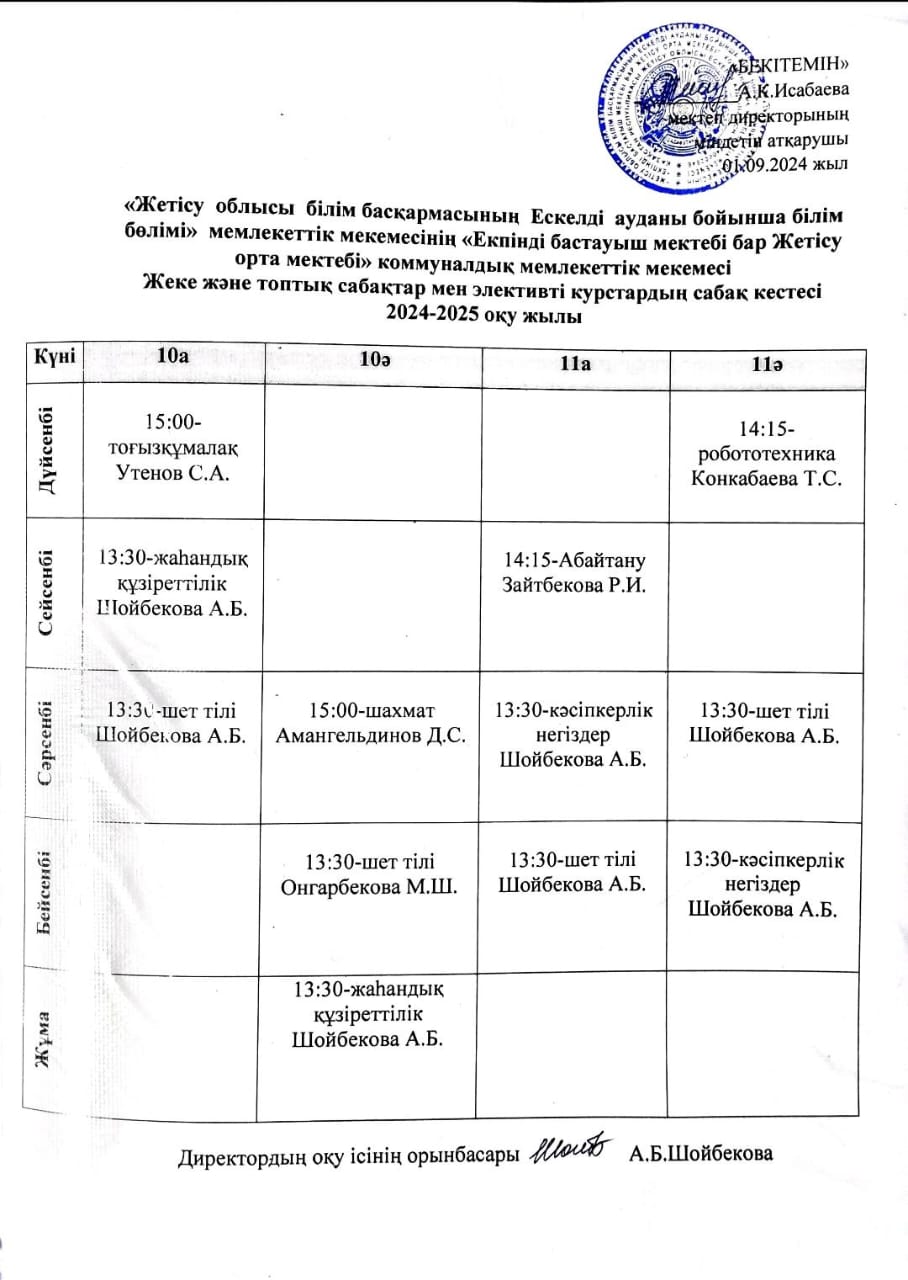 2024-2025 оқу жылы жеке және топтық сабақтар мен элективті курстардың