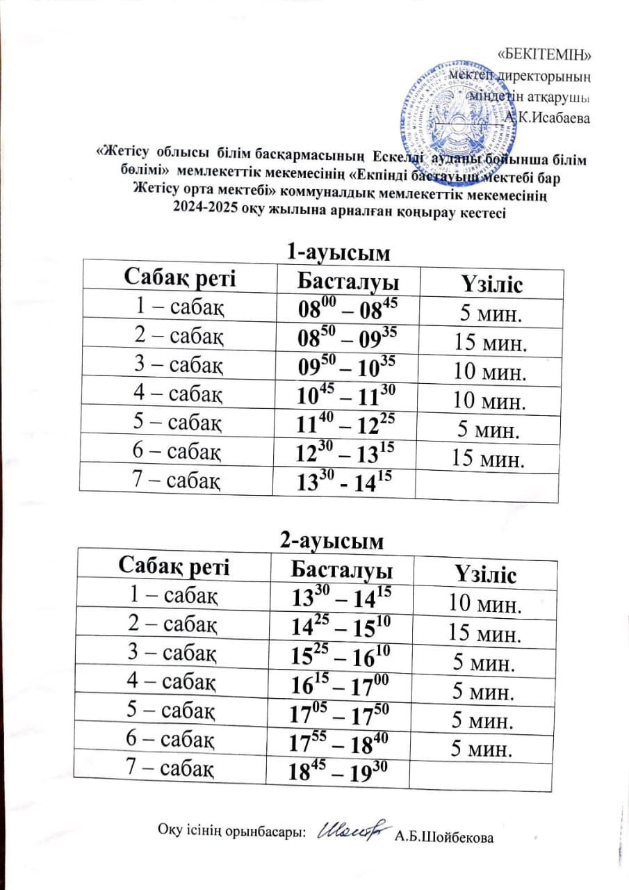 2024-2025 оқу жылына арналған қоңырау кестесі