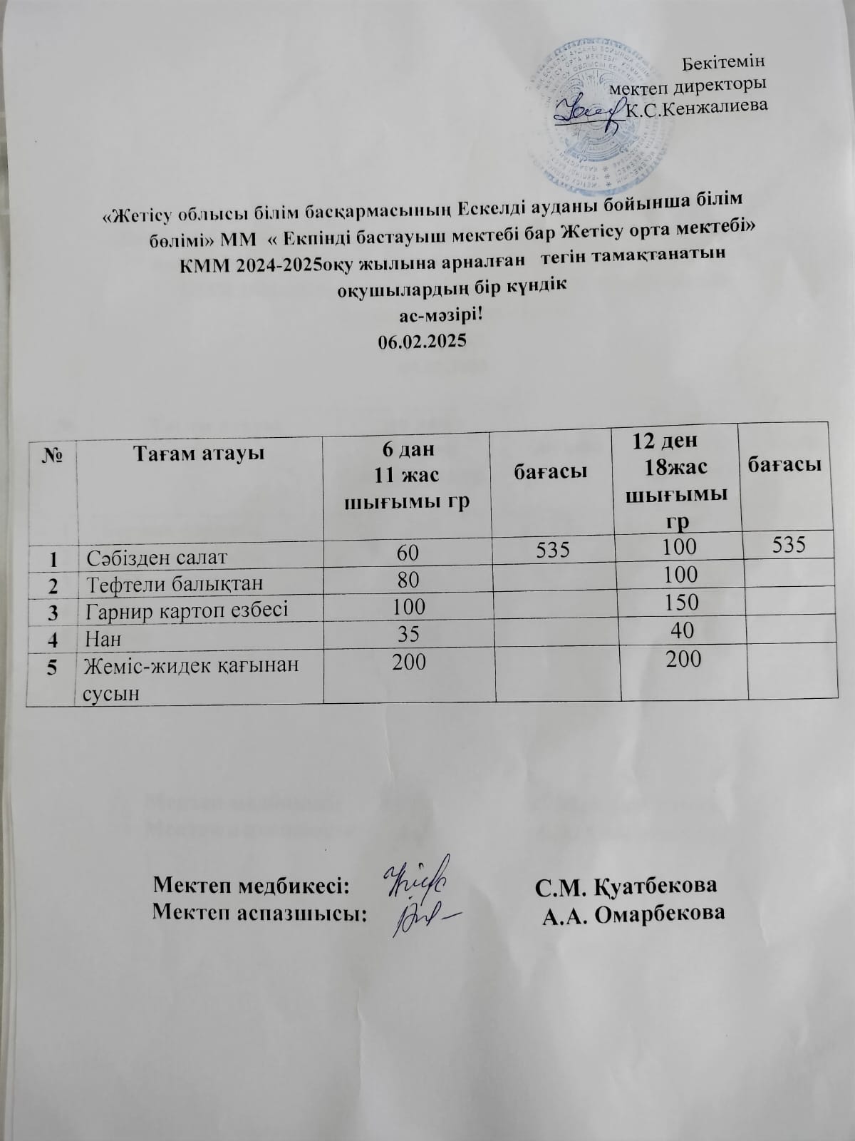 2025 жылдың 06 ақпан күніне арналған бір күндік ас мәзірі